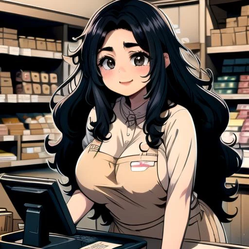 ((top quality, 8k wallpaper)),(masterpiece, best quality),extremely detailed,high definition,(official art:1.3),(((anime screencap,black outline))),<lora:more_details:0.3>,<lora:LCM_LoRA_Weights_SD15:1>, 1girl, solo BREAK (large breasts), (parted bangs:1.6), <lora:ETO_OC:0.2> ETO-OC, <lora:ETO_OCC006:0.7>, ETO_OCC, (curly hair:1.3), (long hair), black hair, thick eyebrows, pale skin, curvy, (plump), (hazel eyes:1.3), looking at viewer, mature female, BREAK <lora:cashierCounter:0.5> (((smile, gentle, employee uniform,shop,standing,counter,shelf,food,typing,cash register,monitor))),