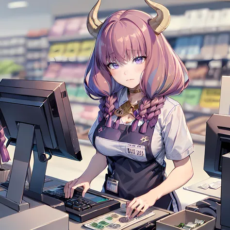 (masterpiece, best quality, ultra detailed), (detailed background, complex background:1.2), (perfect face, detailed face), full-face blush, <lora:GoodHands-beta2:.7>
<lora:aura-10:0.8>, aura, ((horns)), long hair, braid, gloves, twin braids,
large breasts ,purple and pink hair,
<lora:cashierCounter:0.12>,(((dissatisfaction, sadness,employee uniform,shop,standing,counter,shelf,food,typing,cash register,monitor))),