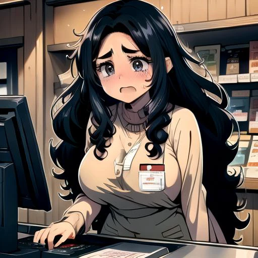 ((top quality, 8k wallpaper)),(masterpiece, best quality),extremely detailed,high definition,(official art:1.3),(((anime screencap,black outline))),<lora:more_details:0.3>,<lora:LCM_LoRA_Weights_SD15:1>, 1girl, solo BREAK (large breasts), (parted bangs:1.6), <lora:ETO_OC:0.2> ETO-OC, <lora:ETO_OCC006:0.7>, ETO_OCC, (curly hair:1.3), (long hair), black hair, thick eyebrows, pale skin, curvy, (plump), (hazel eyes:1.3), looking at viewer, mature female, BREAK <lora:cashierCounter:0.5> (((shy, embarrassed, employee uniform,shop,standing,counter,shelf,food,typing,cash register,monitor))),