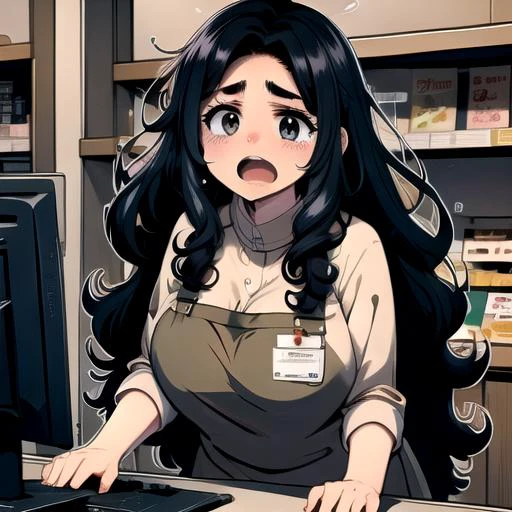 ((top quality, 8k wallpaper)),(masterpiece, best quality),extremely detailed,high definition,(official art:1.3),(((anime screencap,black outline))),<lora:more_details:0.3>,<lora:LCM_LoRA_Weights_SD15:1>, 1girl, solo BREAK (large breasts), (parted bangs:1.6), <lora:ETO_OC:0.2> ETO-OC, <lora:ETO_OCC006:0.7>, ETO_OCC, (curly hair:1.3), (long hair), black hair, thick eyebrows, pale skin, curvy, (plump), (hazel eyes:1.3), looking at viewer, mature female, BREAK <lora:cashierCounter:0.5> (((shocked, surprised, employee uniform,shop,standing,counter,shelf,food,typing,cash register,monitor))),