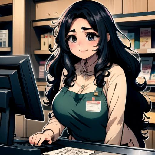 ((top quality, 8k wallpaper)),(masterpiece, best quality),extremely detailed,high definition,(official art:1.3),(((anime screencap,black outline))),<lora:more_details:0.3>,<lora:LCM_LoRA_Weights_SD15:1>, 1girl, solo BREAK (large breasts), (parted bangs:1.6), <lora:ETO_OC:0.2> ETO-OC, <lora:ETO_OCC006:0.7>, ETO_OCC, (curly hair:1.3), (long hair), black hair, thick eyebrows, pale skin, curvy, (plump), (hazel eyes:1.3), looking at viewer, mature female, BREAK <lora:cashierCounter:0.5> (((smile, gentle, employee uniform,shop,standing,counter,shelf,food,typing,cash register,monitor))),