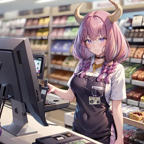(masterpiece, best quality, ultra detailed), (detailed background, complex background:1.2), (perfect face, detailed face), full-face blush, <lora:GoodHands-beta2:.7>
<lora:aura-10:0.8>, aura, ((horns)), long hair, braid, gloves, twin braids,
large breasts ,purple and pink hair,
<lora:cashierCounter:0.12>,(((dissatisfaction, sadness,employee uniform,shop,standing,counter,shelf,food,typing,cash register,monitor))),