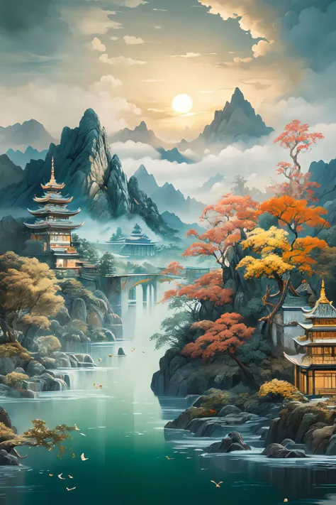 (best quality), (masterpiece), (ultra-detailed), illustration, 8k wallpaper, best illustration, (extremely detailed CG unity 8k wallpaper), huge filesize,mountain,watercraft, scenery, east asian architecture, architecture,no humans, tree, bird,outdoors, cloud, sky, moon,landscape, nature, waterfall, water,floating island, nature, island, bridge, architecture, <lora:landscape-v1:0.8> landscape, (masterpiece, best quality, high quality, highres, ultra-detailed),