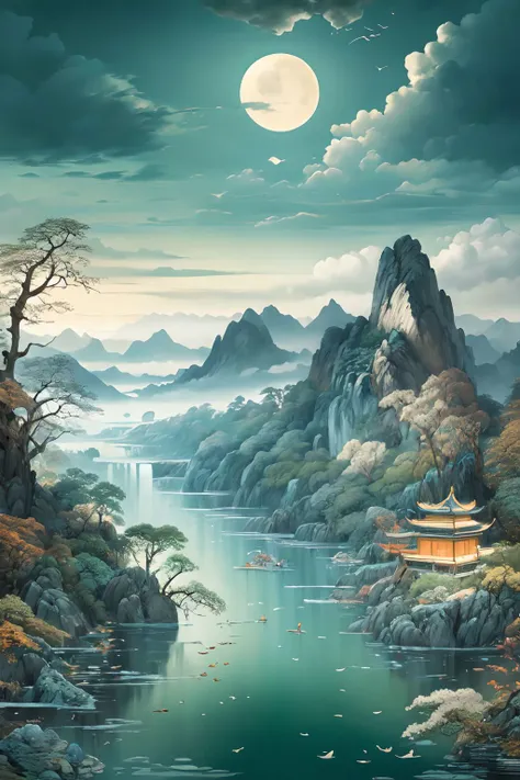 (best quality), (masterpiece), (ultra-detailed), illustration, 8k wallpaper, best illustration, (extremely detailed CG unity 8k wallpaper), waterfall,mountain,watercraft, scenery, east asian architecture, architecture,no humans, tree, bird,outdoors, cloud, sky, moon,landscape, nature, waterfall, water,floating island, nature, island, bridge, architecture, <lora:landscape-v1:0.8> landscape, (masterpiece, best quality, high quality, highres, ultra-detailed),