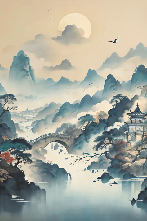 (best quality), (masterpiece), (ultra-detailed), illustration, 8k wallpaper, best illustration, (extremely detailed CG unity 8k wallpaper), waterfall,mountain,watercraft, scenery, east asian architecture, architecture,no humans, tree, bird,outdoors, cloud, sky, moon,landscape, nature, waterfall, water,floating island, nature, island, bridge, architecture, <lora:landscape-v1:0.8> landscape, <lora:MoXinV1:0.4> shuimobysim, wuchangshuo, bonian, zhenbanqiao, badashanren, <lora:shukezouma_v1_1:0.5> shukezouma, (masterpiece, best quality, high quality, highres, ultra-detailed),