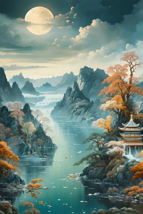 (best quality), (masterpiece), (ultra-detailed), illustration, 8k wallpaper, best illustration, (extremely detailed CG unity 8k wallpaper), waterfall,mountain,watercraft, scenery, east asian architecture, architecture,no humans, tree, bird,outdoors, cloud, sky, moon,landscape, nature, waterfall, water,floating island, nature, island, bridge, architecture, <lora:landscape-v1:0.8> landscape, (masterpiece, best quality, high quality, highres, ultra-detailed),