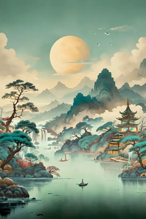 (best quality), (masterpiece), (ultra-detailed), illustration, 8k wallpaper, best illustration, (extremely detailed CG unity 8k wallpaper), waterfall,mountain,watercraft, scenery, east asian architecture, architecture,no humans, tree, bird,outdoors, cloud, sky, moon,landscape, nature, waterfall, water,floating island, nature, island, bridge, architecture, <lora:landscape-v1:0.8> landscape, <lora:MoXinV1:0.4> shuimobysim, wuchangshuo, bonian, zhenbanqiao, badashanren, <lora:shukezouma_v1_1:0.3> shukezouma