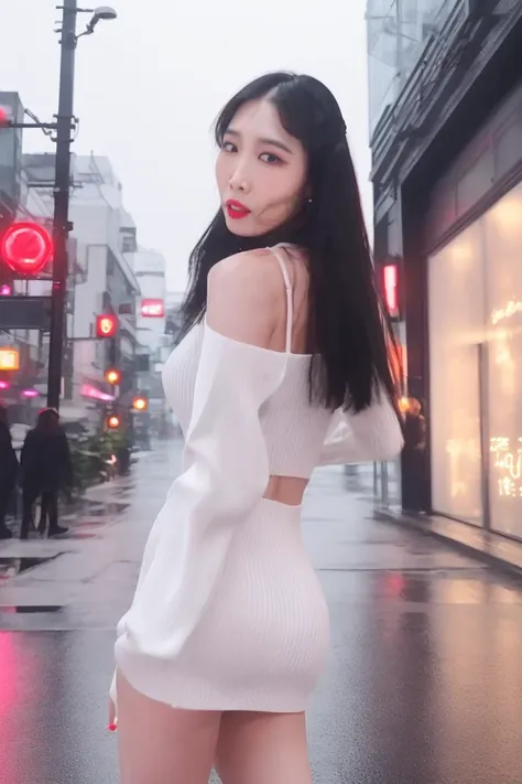 (A portrait photo of JangYouSun). Rain, storm, rainstorm, typhoon, fashion, outfit. Outside, street, sidewalk, Seoul, Tokyo, neon signs. highly detailed, 4K, 8K, hyperreal.