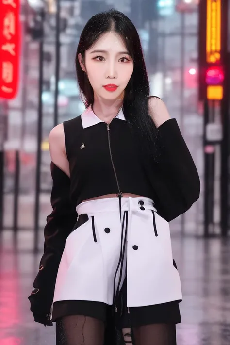 (A portrait photo of JangYouSun). Rain, storm, rainstorm, typhoon, fashion, outfit. Outside, street, sidewalk, Seoul, Tokyo, neon signs. highly detailed, 4K, 8K, hyperreal.