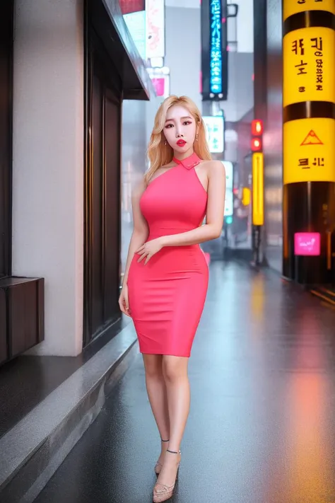 A photo of JangYouSun, blonde hair. Rain, storm, rainstorm, typhoon, pencil dress, dress, fashion, outfit. Outside, street, sidewalk, Seoul, Tokyo, neon signs. highly detailed, 4K, 8K, hyperreal. <lora:edgPencil_Dressesv2:0.7>