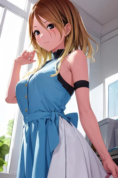 (Best quality,4K,8K,A high resolution,tmasterpiece:1.2),ultra - detailed,(actual,realistically,realistically:1.37), Ultra HD face, (airbubble:1.0), (combed blonde hair, eBlue eyes, Short double ponytail, pigtails), (a skirt, sky blue sleeveless dress belt, White stockings, white colors:1.5), (white backgrounid, solid color backdrop), (actual:1.2), (tmasterpiece:1.2), (Full body photo:1), neonlight, dark romantic lighting, (Very meticulous:1.2),(Detailed faces:1.2), (slope), Colorful, A detailed eye, (Detailed landscape:1.2), (natural lightting:1.2), (neutral posture, looking at viewert:1.2), (Alone, One guy, zauber:1.5), posterior view, photo seen from behind, Exquisite and smooth details, Upper part of the body, beaturiful body, Elegant and smooth body, The lines are clear and smooth, White skin of the, , butt augmentation surgery, hip cocked, bigger, Pelvis larger than shoulder blades, Pelvic width, Fitness model, Ruddy cheeks,
