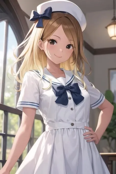 8k, (ultra-detailed eyes:1.1), ultra-detailed, extremely detailed CG, (masterpiece:1.4), (best quality:1.4), extremely detailed CG, (post processing:1.4), (extremety fine and beautiful:1.3), (soft illumination:1.0), (soft color:1.0), (soft volumetric lighting:1.1), (soft shadows), izumi mei, 18 years old, 1girl, cute girl, blonde_hair, bow, brown_eyes, dark-skinned_female, dark_skin, dress, idol, hand_on_hip, hat, long_hair, looking_at_viewer, sailor_collar, sailor_dress, short_sleeves, smile, solo, standing, white_dress, white_headwear <lora:Izumi_Mei-05:0.8>