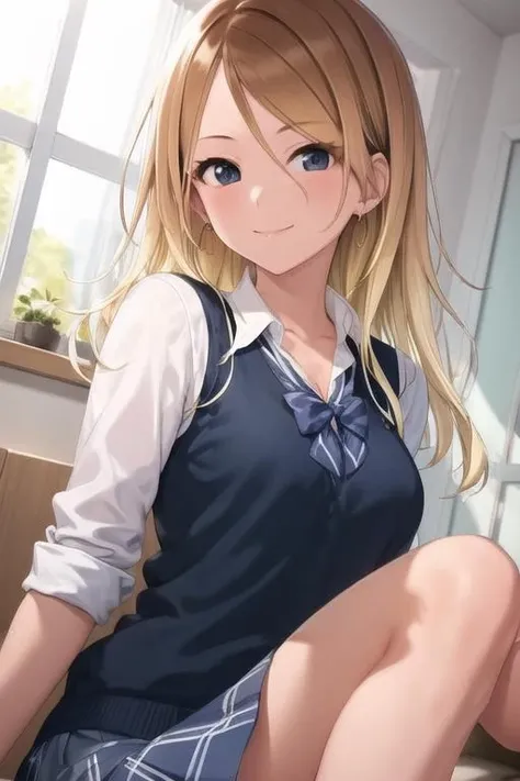 8k, (ultra-detailed eyes:1.1), ultra-detailed, extremely detailed CG, (masterpiece:1.4), (best quality:1.4), extremely detailed CG, (post processing:1.4), (extremety fine and beautiful:1.3), (soft illumination:1.0), (soft color:1.0), (soft volumetric lighting:1.1), (soft shadows), izumi mei, 18 years old, 1girl, cute girl, black_eyes, blonde_hair, breasts, medium breasts, cleavage, closed_mouth, dark-skinned_female, dark_skin, doyagao, earrings, glint, gradient_hair, gyaru, jewelry, lens_flare, light_rays, long_hair, looking_at_viewer, school_uniform, shirt, skirt, smile, solo, sun, sweater_vest, two-tone_hair, white_shirt <lora:Izumi_Mei-05:0.8>