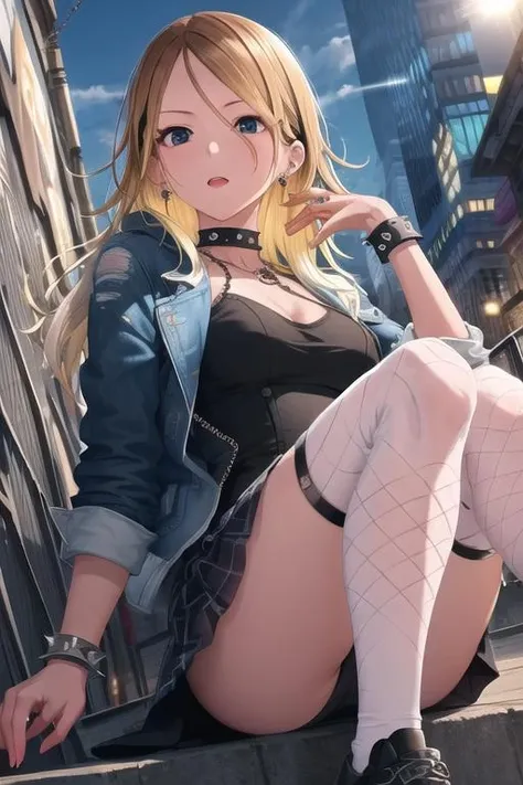 8k, (ultra-detailed eyes:1.1), ultra-detailed, extremely detailed CG, (masterpiece:1.4), (best quality:1.4), extremely detailed CG, (post processing:1.4), (extremety fine and beautiful:1.3), (soft illumination:1.0), (soft color:1.0), (soft volumetric lighting:1.1), (soft shadows), izumi mei, 18 years old, 1girl, cute girl, breasts, medium breasts, barbed_wire, blonde_hair, bracelet, brick, brick_wall, chain, chain-link_fence, choker, city, ear_piercing, earrings, fence, ferris_wheel, fishnet_legwear, jacket, jewelry, long_hair, makeup, net, one_eye_closed, open_mouth, piercing, ring, rooftop, shoes, silk, skirt, skyscraper, spider_web, spiked_bracelet, thighhighs, tile_wall, wristband <lora:Izumi_Mei-05:0.8>