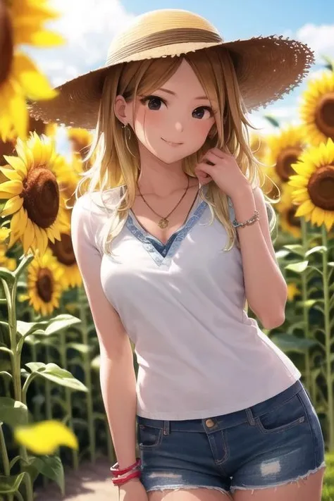 8k, (ultra-detailed eyes:1.1), ultra-detailed, extremely detailed CG, (masterpiece:1.4), (best quality:1.4), extremely detailed CG, (post processing:1.4), (extremety fine and beautiful:1.3), (soft illumination:1.0), (soft color:1.0), (soft volumetric lighting:1.1), (soft shadows), izumi mei, 18 years old, 1girl, cute girl, bangs, blue_sky, blurry, blurry_background, blurry_foreground, bracelet, breasts, medium breasts, cloud, daisy, dandelion, day, denim, denim_shorts, depth_of_field, eyebrows_visible_through_hair, field, flower, flower_field, focused, hat, hat_flower, holding_flower, jewelry, lens_flare, long_hair, necklace, orange_flower, outdoors, photo_\(medium\), pov, rainbow, sandals, shirt, shorts, sky, smile, straw_hat, summer, sun_hat, sunflower, sunflower_hair_ornament, wind_chime, yellow_flower <lora:Izumi_Mei-05:0.8>
