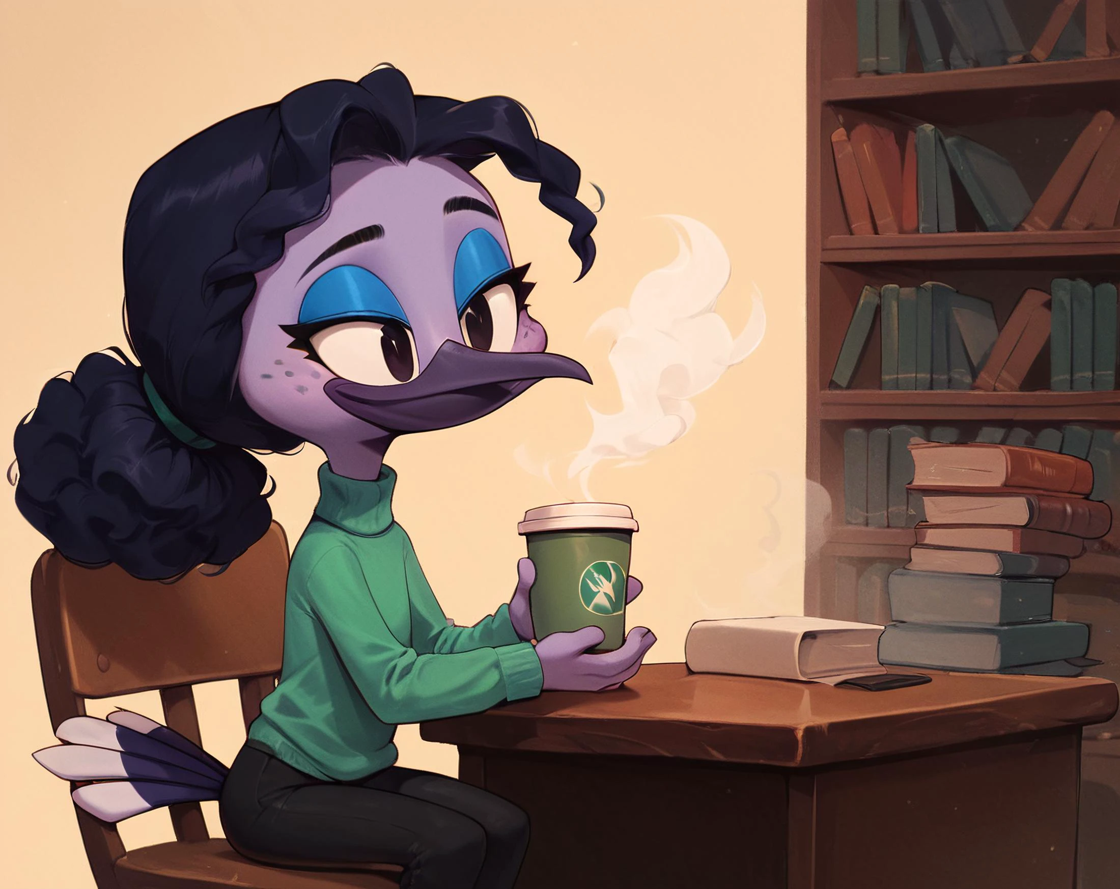 score_9, score_8_up, score_7_up, score_6_up,score_5_up,score_4_up, 1girl, source cartoon,, violet sabrewing, hummingbird, beak, purple skin, black eyes, blue eyeshadow, ponytail, curled hair, black hair, beak, freckles, eyelashes, purple legs, 2 toes, avian feet, beak, tail feathers, clothed, clothing, hair tie, green shirt, long sleeves, turtleneck, black pants, sweater, cute, behind a desk, sitting back, on chair, feet on desk, coffee cup, steam, at the library, excited, happy, detailed background, <lora:Violet_Sabrewing:1>, ZPDXL, <lora:more_details:1> <lora:xl_more_art-full_v1:1> <lora:ugly_style:-1>