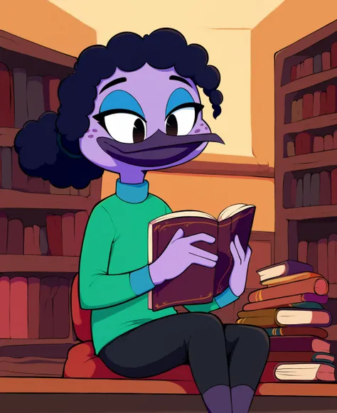 score_9, score_8_up, score_7_up, score_6_up, best quality, highres, source_furry, BREAK drockdraw BREAK
1girl, female, solo, furry,inside, library, books, detailed background, sitting, reading, holding book, desk, female, avian, hummingbird, long beak, violet sabrewing, young, child, short, purple skin, black hair, black eyes, curled hair, short hair, ponytail, black eyes, happy, freckles, blue eyeshadow, turtleneck, green shirt, long sleeves, black pants<lora:Violet_Sabrewing:0.8>   <lora:Drockdraw_Style-000010:0.8>