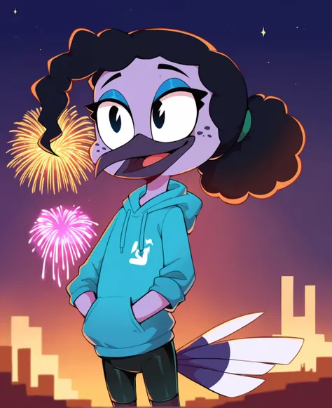 score_9, score_8_up, score_7_up, score_6_up, best quality, highres, source_furry, BREAK drocll BREAK
1girl, female, solo, furry,outside, night, fireworks, cityscape, female, avian, hummingbird, long beak, violet sabrewing, young, child, purple skin, black hair, black eyes, curled hair, short hair, ponytail, wide eyed, black eyes, happy, freckles, blue eyeshadow, hoodie, hand in pocket, bike shorts <lora:Violet_Sabrewing:0.8>