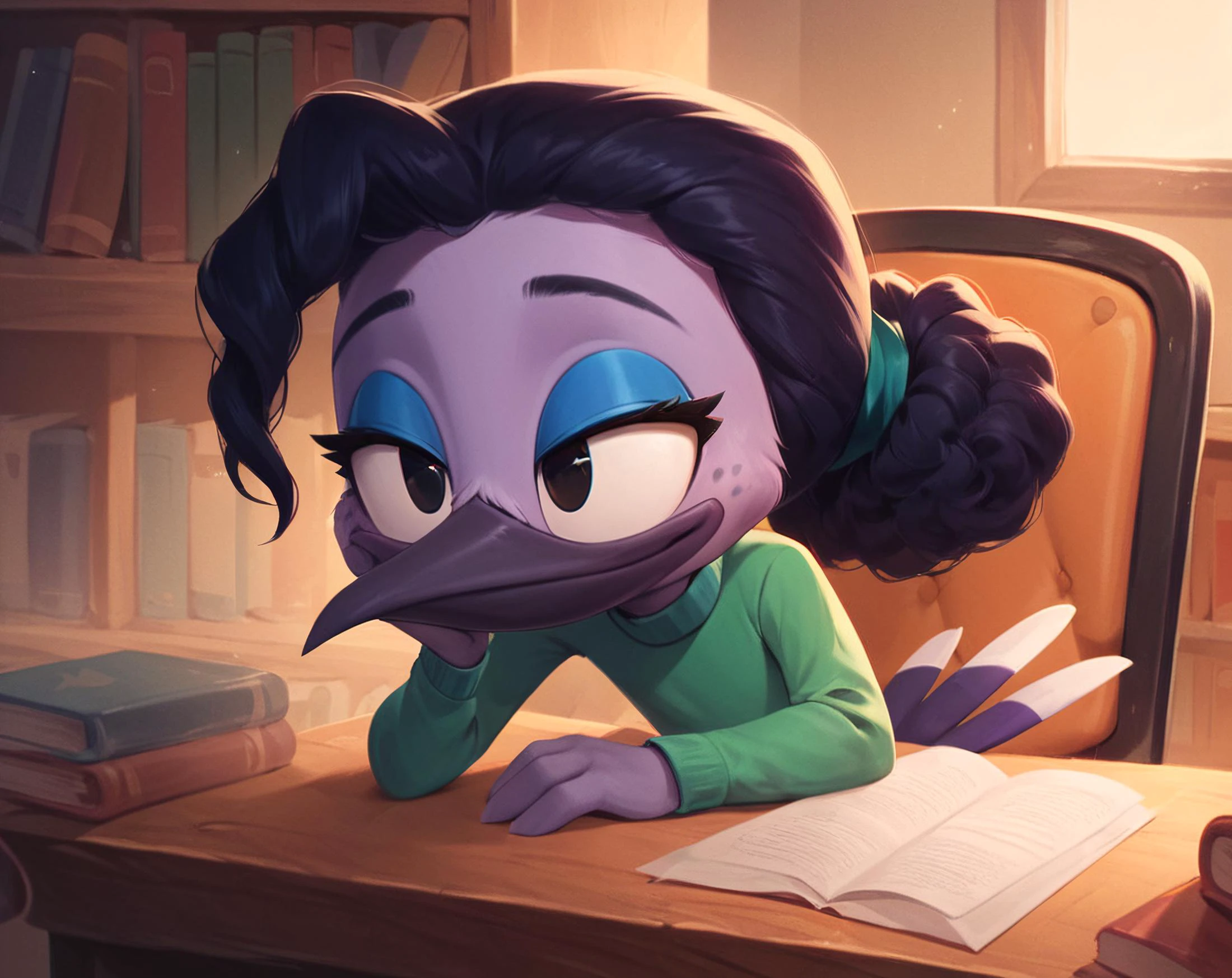 score_9, score_8_up, score_7_up, score_6_up,score_5_up,score_4_up, 1girl, source cartoon,, violet sabrewing, hummingbird, beak, purple skin, black eyes, blue eyeshadow, ponytail, curled hair, black hair, beak, freckles, eyelashes, purple legs, 2 toes, avian feet, beak, tail feathers, clothed, clothing, hair tie, green shirt, long sleeves, turtleneck, black pants, sweater, cute, behind a desk, sitting down, on chair, at the library, excited, happy, detailed background, <lora:Violet_Sabrewing:1>, ZPDXL, <lora:more_details:1> <lora:xl_more_art-full_v1:1> <lora:ugly_style:-1>