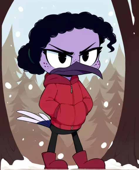 score_9, score_8_up, score_7_up, score_6_up, best quality, highres, source_furry, BREAK thn BREAK
1girl, female, solo, furry, outside, snow, snowing, winter, tree, detailed background, female, avian, hummingbird, long beak, violet sabrewing, young, child, short, purple skin, black hair, black eyes, curled hair, short hair, black eyes, annoyed, squint, freckles, winter jacket, hood up, pants, boots, <lora:Violet_Sabrewing:1>