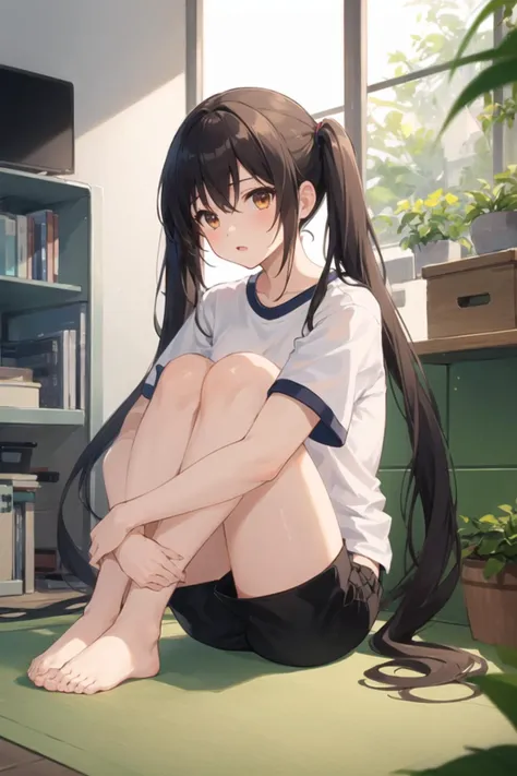 1girl, casual clothes, t-shirt, shorts, twintails, long hair, short sleeves, full body, sitting, indoors, knees up, on floor, hugging own legs, bare foot