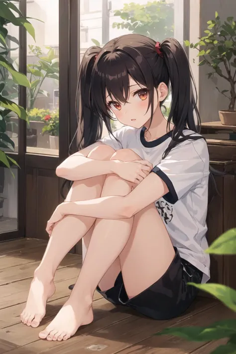 1girl, casual clothes, t-shirt, shorts, twintails, long hair, short sleeves, full body, sitting, indoors, knees up, on floor, hugging own legs, bare foot