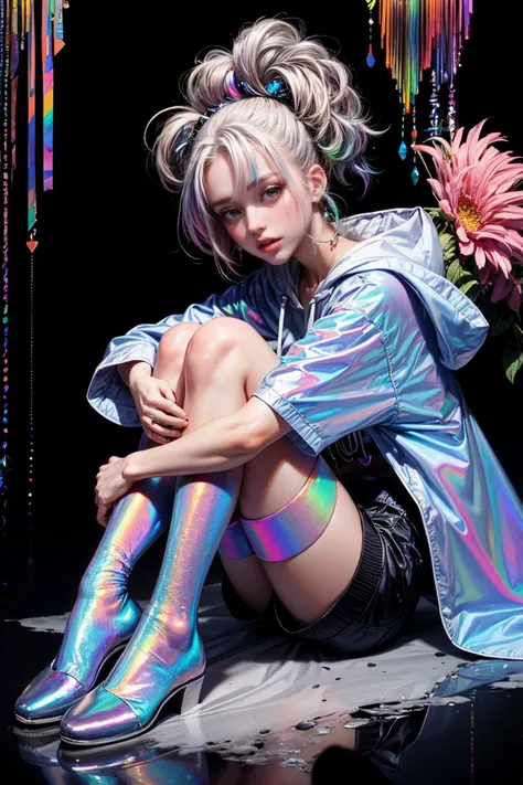 masterpiece, hyperdetailed, 1girl, back, (pink pastel hair:1.2), vogue, sitting, (iridescence, translucent, reflection silver:1.2),short black hair, adult, woman, voluptuous, ((hoodie, shorts, long stockings:1.2)), flat colors, vivid colors, slim body,(best quality:1.3),ultra high res,raw photo,detailed skin,beautiful lighting, slim body, gacha splash, (clean black background:1.4), Deep view, ((iridescence holographic Clothing:1.3)), ice and crystal,  <lora:add_detail:1.2> , <lora:LowRa:0.6>  <lora:holov7:0.6>