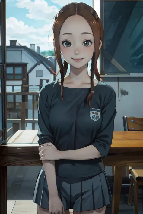 <lora:chara_KarakaiJouzu_Takagi-san_v1:1>takagi-san adult, school uniform,serahuku,serafuku, cowboy shot,
(best quality, masterpiece, RAW photo,ultra-detailed:1.2), <lyco:GoodHands-beta2:1.0>,1girl,solo,looking at viewer,smile