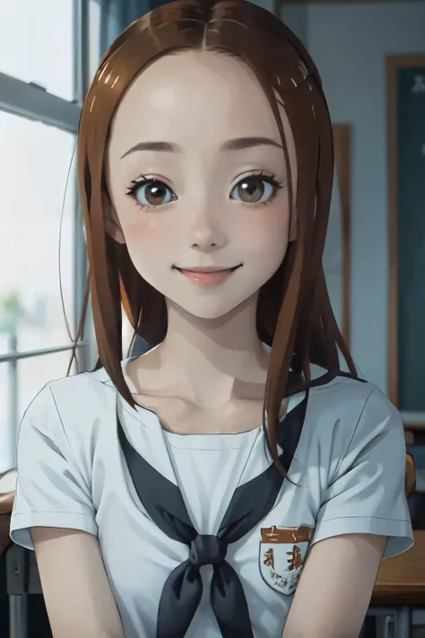 <lora:chara_KarakaiJouzu_Takagi-san_v1:1>takagi-san adult, school uniform,serahuku,serafuku,
(best quality, masterpiece, RAW photo,ultra-detailed:1.2), <lyco:GoodHands-beta2:1.0>,1girl,solo,looking at viewer,smile
