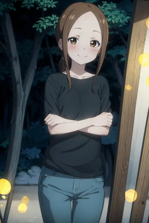 best quality, (masterpiece:1.2), detailed,
<lora:chara_KarakaiJouzu_Takagi-san_v1:0.8>, takagi-san adult,
1girl, solo, closed mouth, smile, blush,
brown hair, brown eyes, ponytail,
black shirt, jeans,
standing, looking at the viewer,
outdoors, night, fireflies