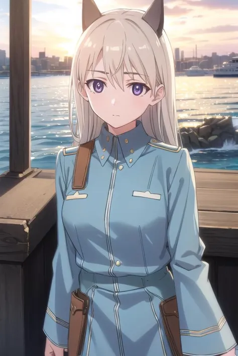 eilailmatarjuutilainen, <lora:eila ilmatar juutilainen anime-lora-nochekaiser:1>,
eila ilmatar juutilainen, long hair, (purple eyes:1.1), blonde hair, animal ears, fox ears, fox girl,
BREAK uniform, military, military uniform,
BREAK outdoors, ship, ocean, sun, sky, clouds,
BREAK looking at viewer, (cowboy shot:1.5),
BREAK <lyco:GoodHands-beta2:1>, (masterpiece:1.2), best quality, high resolution, unity 8k wallpaper, (illustration:0.8), (beautiful detailed eyes:1.6), extremely detailed face, perfect lighting, extremely detailed CG, (perfect hands, perfect anatomy),