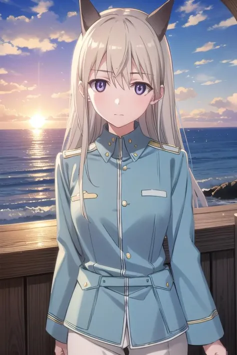 eilailmatarjuutilainen, <lora:eila ilmatar juutilainen anime-lora-nochekaiser:1>,
eila ilmatar juutilainen, long hair, (purple eyes:1.1), blonde hair, animal ears, fox ears, fox girl,
BREAK uniform, military, military uniform,
BREAK outdoors, ship, ocean, sun, sky, clouds,
BREAK looking at viewer, (cowboy shot:1.5),
BREAK <lyco:GoodHands-beta2:1>, (masterpiece:1.2), best quality, high resolution, unity 8k wallpaper, (illustration:0.8), (beautiful detailed eyes:1.6), extremely detailed face, perfect lighting, extremely detailed CG, (perfect hands, perfect anatomy),