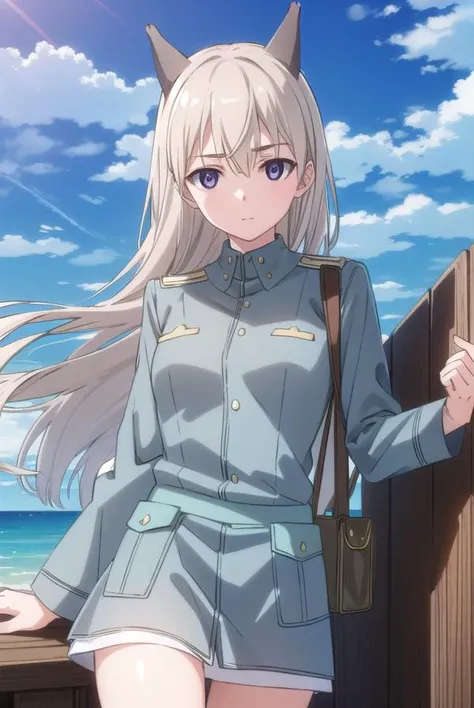 eilailmatarjuutilainen, <lora:eila ilmatar juutilainen anime-lora-nochekaiser:1>,
eila ilmatar juutilainen, long hair, (purple eyes:1.1), blonde hair, animal ears, fox ears, fox girl,
BREAK uniform, military, military uniform,
BREAK outdoors, ship, ocean, sun, sky, clouds,
BREAK looking at viewer, (cowboy shot:1.5),
BREAK <lyco:GoodHands-beta2:1>, (masterpiece:1.2), best quality, high resolution, unity 8k wallpaper, (illustration:0.8), (beautiful detailed eyes:1.6), extremely detailed face, perfect lighting, extremely detailed CG, (perfect hands, perfect anatomy),