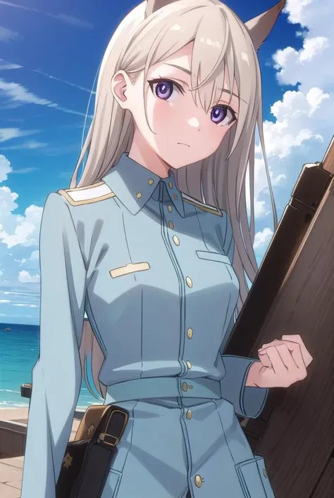 eilailmatarjuutilainen, <lora:eila ilmatar juutilainen anime-lora-nochekaiser:1>,
eila ilmatar juutilainen, long hair, (purple eyes:1.1), blonde hair, animal ears, fox ears, fox girl,
BREAK uniform, military, military uniform,
BREAK outdoors, ship, ocean, sun, sky, clouds,
BREAK looking at viewer, (cowboy shot:1.5),
BREAK <lyco:GoodHands-beta2:1>, (masterpiece:1.2), best quality, high resolution, unity 8k wallpaper, (illustration:0.8), (beautiful detailed eyes:1.6), extremely detailed face, perfect lighting, extremely detailed CG, (perfect hands, perfect anatomy),