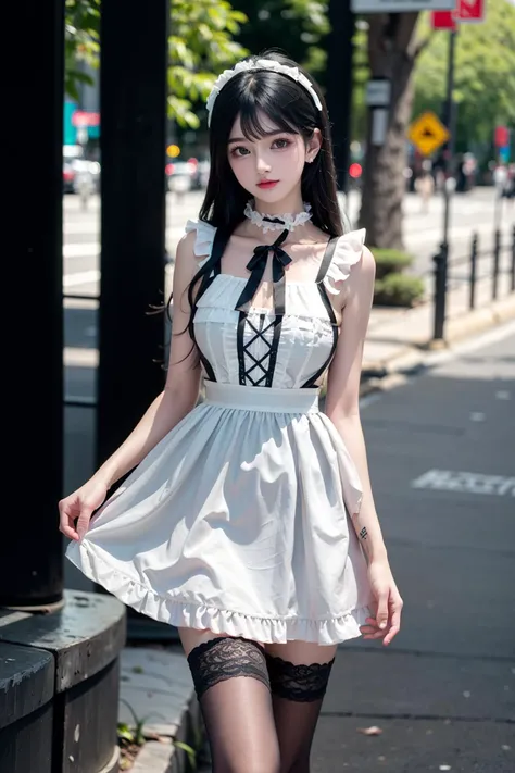 (best quality),[masterpiece],((beautiful:0.75) cute girl:0.75),(EOS R8,50mm,F1.2,8K,RAW photo:1.2),Professional,ultra-fine painting,long hair,standing,outdoors,street,(front:1.3),
 <lora:Special clothes_20230805172118:0.7> maid,dress,maid headdress,apron,