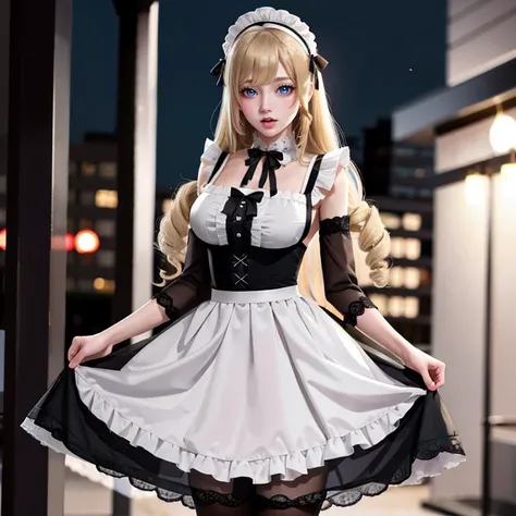 High Waist Dress, Blush, ((Blonde, Blonde)), (((Maid Outfit))), (Black and White Ruffle Dress), Solo 1girl, ((Thigh)), Headdress, Headband, Frilled Skirt, Bright Colors, Saturated Colors, Bright Colors, Light, 8k Lifelike Lighting, Skirt, White Bow, Tits, Red Bow, Standing, Small Tits, [Denim Lens], Indoors, ((((Fine Fingers))), Smooth Jawline, ((No Fingers)), (White Pantyhose)) )
