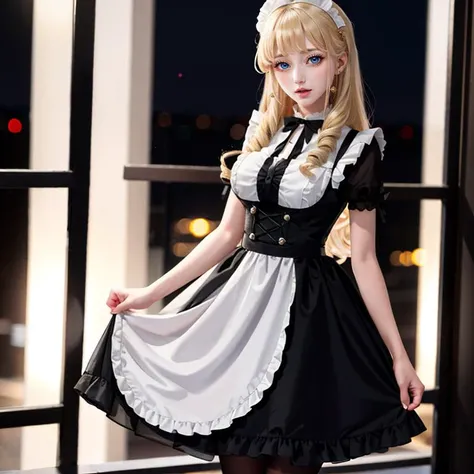 1girl,solo,maid,dress,maid headdress,apron,blonde long hair,(drill curls hair),anime_style_blush,exquisite eyes,looking at viewer,standing,open mouth,cowboy shot,(outdoors,city,night,depth of field),masterpiece,best quality,extremely detailed,incredibly absurdres,extremely detailed cg,more details,ultra-detailed,<lora:sc29_maid_dress:0.4>,