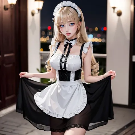 1girl,solo,maid,dress,maid headdress,apron,blonde long hair,(drill curls hair),anime_style_blush,exquisite eyes,looking at viewer,standing,open mouth,cowboy shot,(outdoors,city,night,depth of field),masterpiece,best quality,extremely detailed,incredibly absurdres,extremely detailed cg,more details,ultra-detailed,<lora:sc29_maid_dress:0.4>,