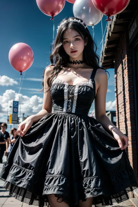 (8k、RAW Photos、highest quality、masterpiece:1.2)、(Realistic、Realistic)、1 girl、((hill、short hair、formal dress、Belly button、smile、Large Breasts、Black andal、Frills、Semi-long hair、Facing forward、Standing with hands on hips)), walking down the street