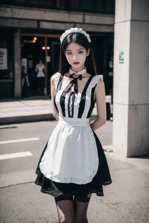 (best quality),[masterpiece],((beautiful:0.75) cute girl:0.75),(EOS R8,50mm,F1.2,8K,RAW photo:1.2),Professional,ultra-fine painting,long hair,standing,outdoors,street,(front:1.3),
 <lora:Special clothes_20230805172118:0.7> maid,dress,maid headdress,apron,