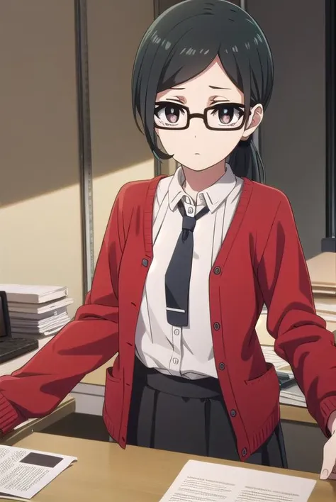 sarasatou, <lora:sara satou s1-lora-nochekaiser:1>,
sara satou, long hair, black hair, (black eyes:1.3), ponytail, glasses,
BREAK skirt, shirt, necktie, cardigan, long skirt, (red cardigan:1.2),
BREAK indoors, office,
BREAK looking at viewer, dynamic pose,
BREAK <lyco:GoodHands-beta2:1>, (masterpiece:1.2), best quality, high resolution, unity 8k wallpaper, (illustration:0.8), (beautiful detailed eyes:1.6), extremely detailed face, perfect lighting, extremely detailed CG, (perfect hands, perfect anatomy),