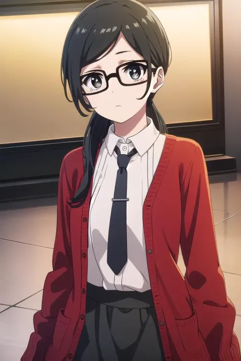 sarasatou, <lora:sara satou s1-lora-nochekaiser:1>,
sara satou, long hair, black hair, (black eyes:1.3), ponytail, glasses,
BREAK skirt, shirt, necktie, cardigan, long skirt, (red cardigan:1.2),
BREAK indoors, office,
BREAK looking at viewer, dynamic pose,
BREAK <lyco:GoodHands-beta2:1>, (masterpiece:1.2), best quality, high resolution, unity 8k wallpaper, (illustration:0.8), (beautiful detailed eyes:1.6), extremely detailed face, perfect lighting, extremely detailed CG, (perfect hands, perfect anatomy),