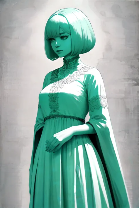 <lora:inkmonochrome:0.7>, ink, monochrome, sketch, human woman, mint green, wearing seeress dress, <clip:skip:2>, masterpiece, 8k, high resolution, shallow depth of field, sharp focus