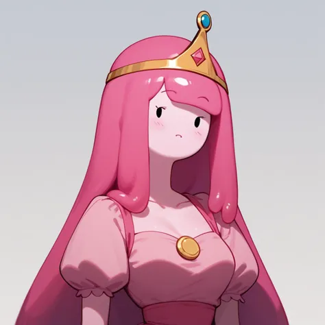 score_9, score_8_up, score_7_up,source_cartoon,princess bubblegum from adventure time,pink skin,(flat cartoon), 1girl,[masterpiece], dot eyes,pink dress ,crown