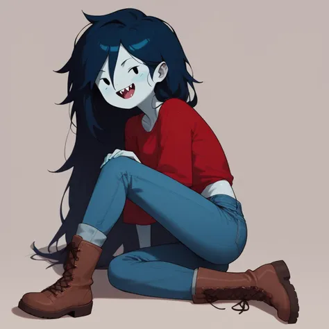 score_9, score_8_up, score_7_up,source_cartoon,marceline from adventure time,grey skin,(flat cartoon), 1girl,vampire,[masterpiece], dot eyes,red top,blue jeans ,boots,vampir sharp teeth