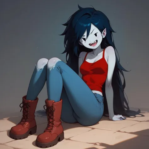 score_9, score_8_up, score_7_up,source_cartoon,marceline from adventure time,grey skin,(flat cartoon), 1girl,vampire,[masterpiece], dot eyes,red top,blue jeans ,boots,vampir sharp teeth