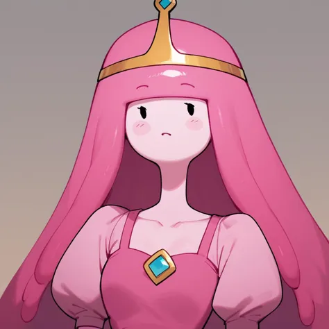 score_9, score_8_up, score_7_up,source_cartoon,princess bubblegum from adventure time,pink skin,(flat cartoon), 1girl,[masterpiece], dot eyes,pink dress ,crown