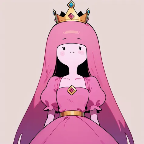 score_9, score_8_up, score_7_up,source_cartoon,princess bubblegum from adventure time,pink skin,(flat cartoon), 1girl,[masterpiece], dot eyes,pink dress ,crown