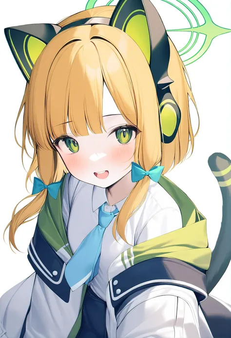 1girl,
midori \(blue archive\), blue archive,
kinty,
portrait, animal ear headphones, tail raised, blue bow, solo, cat ears, simple background, cat tail, tail bow, short hair, blush, tail, bow, open mouth, shirt, hair bow, blue necktie, collared shirt, upper teeth only, white background, jacket, teeth, white shirt, hood down, looking at viewer, blonde hair, fake animal ears, smile, green halo, white jacket, necktie, tail ornament, animal ears, headphones, hooded jacket, hood, green eyes, halo,
masterpiece, best quality, newest
<lora:kinty_image84_2024-03-28_a31-000075:1>
