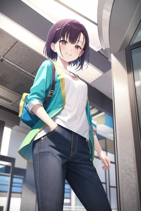 <lora:Shizuka:0.7> mikazuki_shizuka, red eyes, purple hair, short hair, casual clothes, from below,
standing, small breasts, (upperl body:1.1), lookingaway, smile, face, hand in pocket, close-up,
(high quality:1.1), (high resolution:1.1), 4k, 1girl, detailed background, <lora:NoiseOffset_v2:1.0>